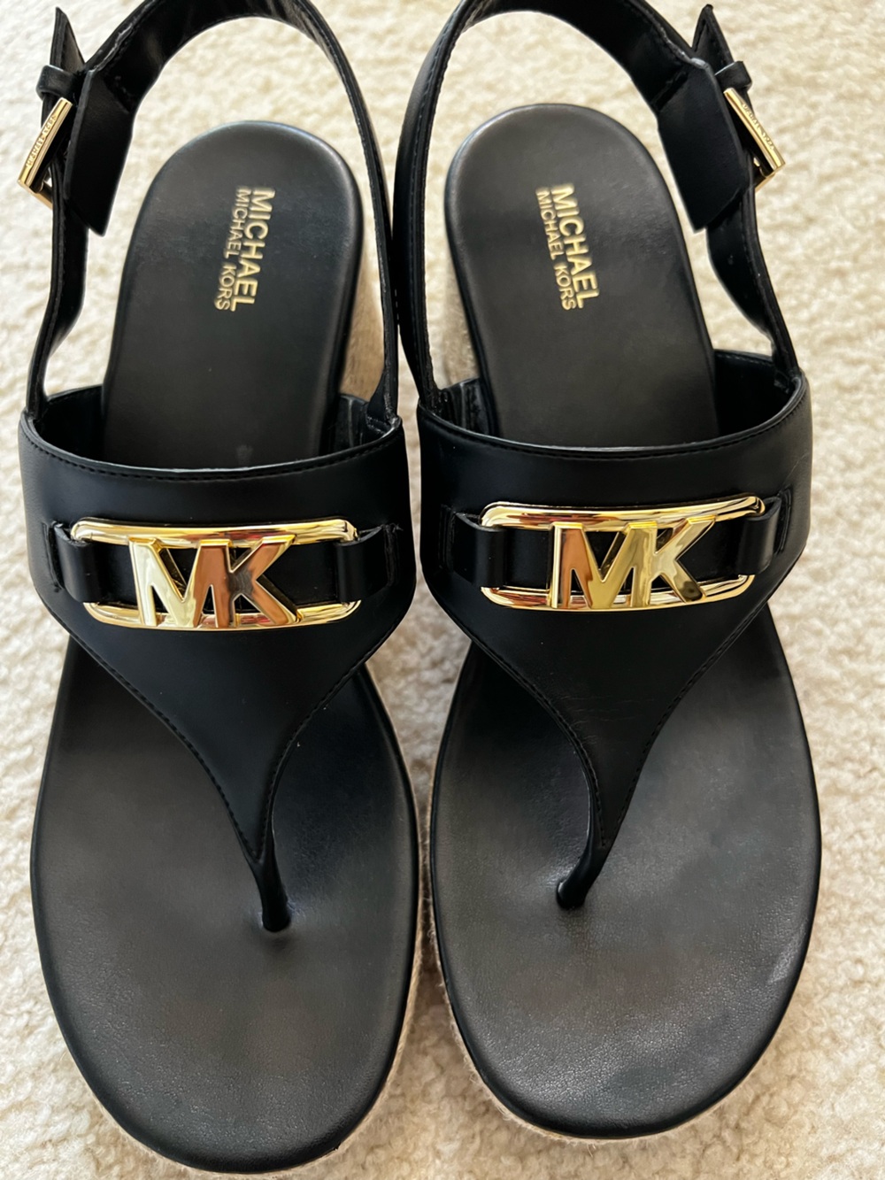 Michael Kors Black Thong Wedge Sandals with Gold MK Emblem - Picture 9 of 9